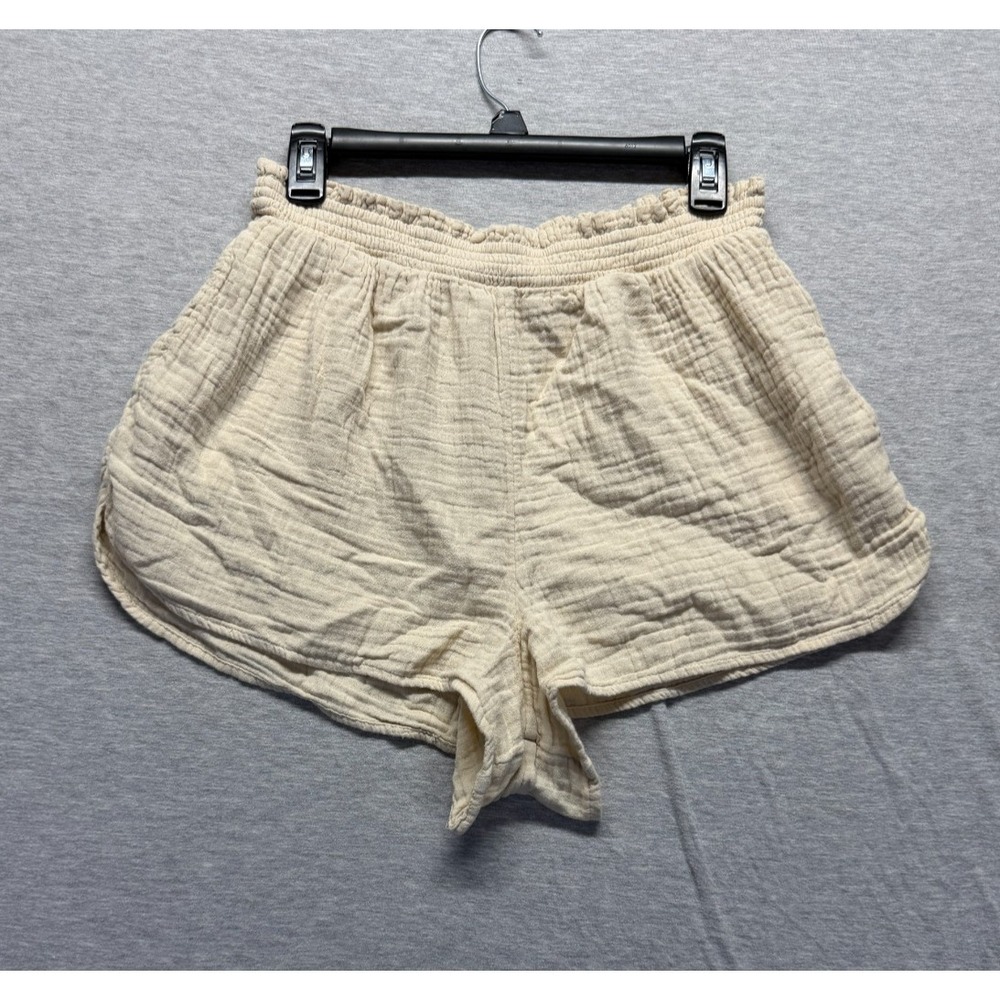 Aerie Gauzy High Waist Paperbag Shorts Womens Large Beige Textured Elastic Waist